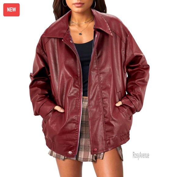 Oversized Faux Leather Motorcycle Bomber Jacket Women's Plus Size Winter Coat